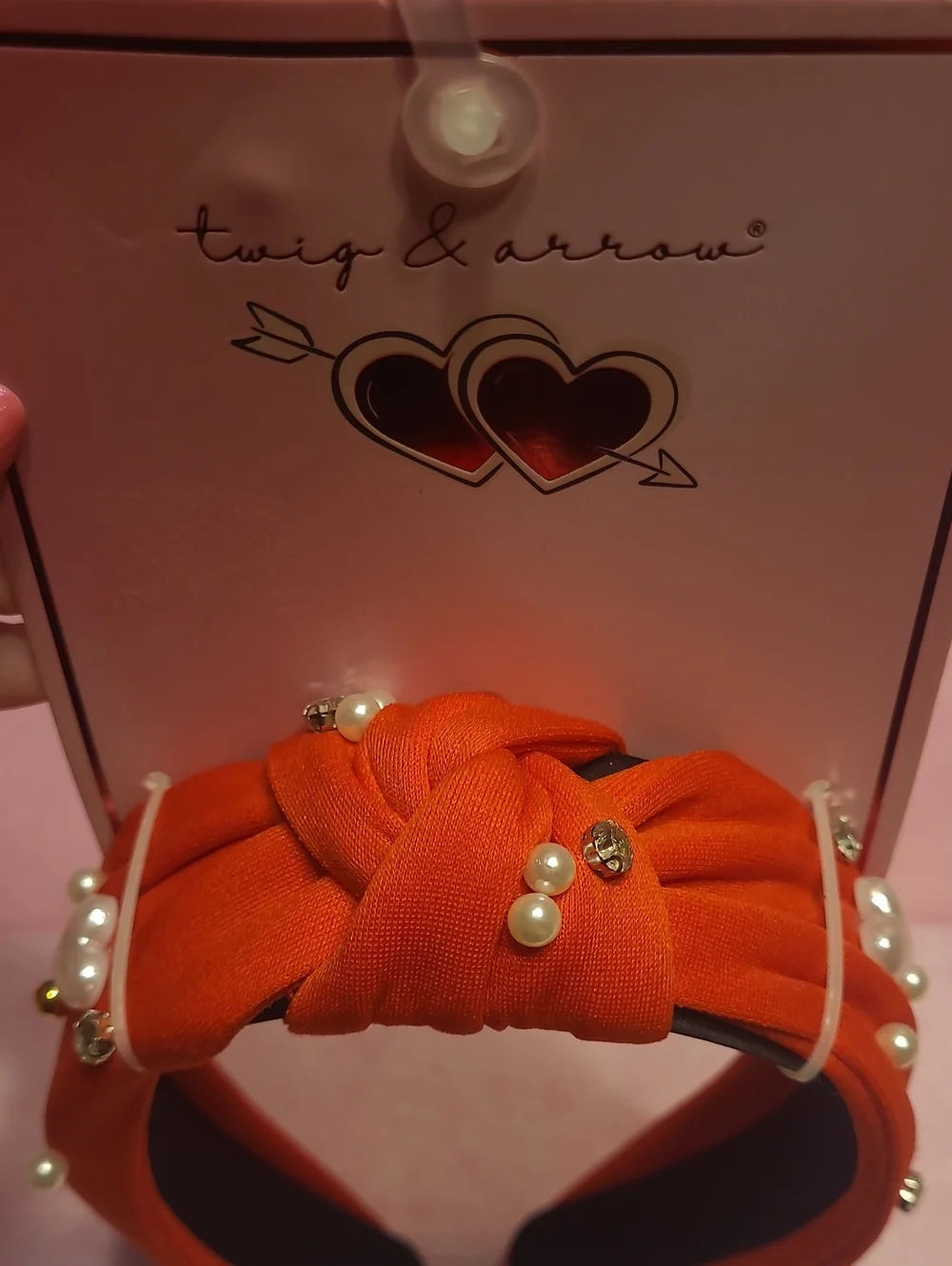 Twig & Arrow Red Knotted Pearl Accent Headband With Hearts